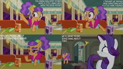 Size: 1280x720 | Tagged: safe, derpibooru import, edit, edited screencap, editor:quoterific, screencap, plaid stripes, rarity, earth pony, pony, unicorn, season 6, the saddle row review, eyes closed, female, grin, male, mare, open mouth, open smile, smiling, stallion, text