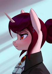 Size: 2500x3523 | Tagged: safe, artist:mrscroup, derpibooru import, oc, oc only, oc:rosa maledicta, pony, unicorn, equestria at war mod, blushing, bust, clothes, female, hair bun, jewelry, looking to side, looking to the left, mare, portrait, profile, solo