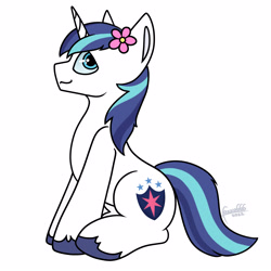 Size: 2800x2800 | Tagged: safe, artist:foxxo666, derpibooru import, shining armor, pony, unicorn, canterlot wedding 10th anniversary, cute, flower, flower in hair, happy, looking back, male, shining adorable, simple background, sitting, smiling, solo, stallion, unshorn fetlocks, white background