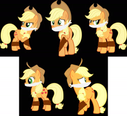 Size: 1744x1588 | Tagged: safe, artist:thetoptier, derpibooru import, applejack, earth pony, pony, angry, bondage, cloth gag, gag, glare, happy, help, help me, looking back, nervous, rope, rope bondage, ropes, sad, scared, standing, standing up, startled, struggling, tied up, worried