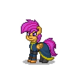 Size: 538x537 | Tagged: safe, artist:gloomy brony, derpibooru import, screencap, scootaloo, pegasus, pony, g4, chinese, clothes, female, filly, foal, goenitz, king of fighters, kof, pixel art, pixels, pony town, scootaloo is not amused, simple background, snk, solo, unamused, white background