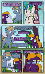 Size: 1920x3168 | Tagged: safe, artist:alexdti, derpibooru import, oc, oc only, oc:brainstorm (alexdti), oc:purple creativity, oc:star logic, pegasus, pony, unicorn, comic:quest for friendship, bouquet, comic, crying, dialogue, ears, eye contact, eyes closed, female, floppy ears, flower, folded wings, glasses, grin, high res, hoof hold, hoof on chest, hooves, horn, laughing, looking at each other, looking at someone, looking away, male, mare, narrowed eyes, one eye closed, open mouth, open smile, outdoors, pegasus oc, pointing, ponytail, raised hoof, raised leg, smiling, speech bubble, squee, stallion, standing, tears of laughter, underhoof, unicorn oc, wall of tags, wings