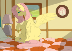 Size: 4093x2894 | Tagged: safe, artist:snspony, derpibooru import, fluttershy, pegasus, pony, bed, belly, big belly, cute, female, heart, heart hoof, lamp, mare, preggoshy, pregnant, shyabetes, smiling, solo, underhoof, wings