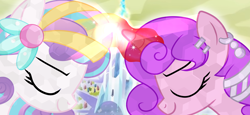 Size: 4096x1890 | Tagged: safe, derpibooru import, princess flurry heart, oc, oc:candlelight warmth, alicorn, crystal pony, pony, unicorn, crystal, crystal empire, crystallized, female, horn, magic, mare, telekinesis, unicorn oc