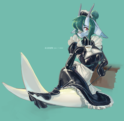 Size: 5560x5425 | Tagged: safe, artist:龙宠, derpibooru import, oc, oc only, oc:shanher, anthro, dragon, mermaid, absurd resolution, apron, aquamarine background, big breasts, blue coat, breasts, clothes, corset, cup, dragoness, ears, eyeshadow, female, fish tail, floppy ears, hair bun, hair over one eye, hair tie, holding, horns, lace, latex, latex mermaid suit, latex suit, lizard breasts, looking at you, looking to side, looking to the right, maid, maid headdress, makeup, mermaid suit, mermaid tail, mermaidized, red eyes, sitting, skirt, slit eyes, smiling, solo, tail, teacup, watermark, white mermaid suit