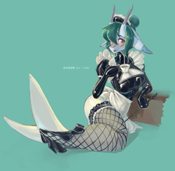 Size: 5560x5425 | Tagged: safe, artist:龙宠, derpibooru import, oc, oc only, oc:shanher, anthro, dragon, mermaid, absurd resolution, anklet, apron, aquamarine background, big breasts, blue coat, blushing, breasts, clothes, corset, cup, dragoness, ears, eyeshadow, female, fish tail, floppy ears, hair bun, hair over one eye, hair tie, holding, horns, jewelry, lace, latex, latex mermaid suit, latex suit, looking at you, looking to side, looking to the right, maid, maid headdress, makeup, mermaid suit, mermaid tail, mermaidized, open mouth, open smile, red eyes, sitting, slit eyes, smiling, solo, stockings, tail, teacup, thigh highs, watermark, white mermaid suit