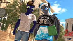 Size: 1920x1080 | Tagged: safe, artist:anthroponiessfm, derpibooru import, oc, oc:diamond azure, oc:galahad lazuli, anthro, bat pony, unicorn, 3d, anthro oc, bag, bat pony oc, clothes, cute, female, galamond, holding hands, horn, jewelry, looking at each other, looking at someone, male, ring, shirt, shopping bag, shorts, skirt, source filmmaker, t-shirt, unicorn oc, wholesome