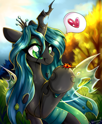 Size: 1654x2000 | Tagged: safe, artist:woonborg, derpibooru import, queen chrysalis, changeling, changeling queen, insect, ladybug, canterlot wedding 10th anniversary, background, cute, cutealis, female, horn, smiling, solo, sun, sunshine, tree, wings