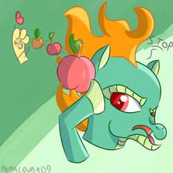 Size: 2000x2000 | Tagged: safe, artist:papacruda09, derpibooru import, paprika paca, tianhuo, alpaca, dragon, hybrid, longma, them's fightin' herds, angry, apple, community related, fire, flower pot, food, green background, heart, leaf, simple background, stop