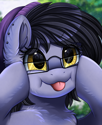 Size: 1446x1764 | Tagged: safe, artist:pridark, derpibooru import, oc, oc only, oc:nightshade (pegasus), pegasus, pony, :p, beanie, chest fluff, cute, ear fluff, ear piercing, earring, ears, female, glasses, hat, hooves on cheeks, jewelry, mare, mlem, piercing, reflection, silly, silly pony, solo, tongue, tongue out, tree