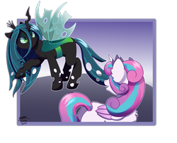 Size: 4238x3446 | Tagged: safe, artist:backgroundpony#f352, derpibooru import, princess flurry heart, queen chrysalis, alicorn, changeling, changeling queen, canterlot wedding 10th anniversary, duo, eyes open, female, horn, mare, older, older flurry heart, princess, signature, wings