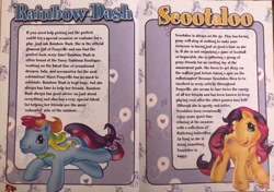 Size: 640x450 | Tagged: safe, derpibooru import, rainbow dash (g3), scootaloo (g3), g3, 2009, backstory, core seven, description, magazine, mlp annual 2009, official, scan, story included, text