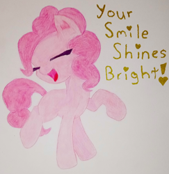 Size: 2096x2160 | Tagged: safe, artist:averkoswolf, derpibooru exclusive, derpibooru import, pinkie pie, earth pony, pony, g4, colored pencil drawing, female, mare, positive message, solo, text, traditional art