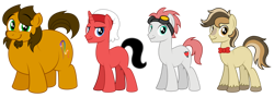 Size: 1280x458 | Tagged: safe, artist:aleximusprime, derpibooru import, oc, oc only, oc:alex the chubby pony, oc:autoknight, oc:james of hoenn, oc:place holder, oc:princess deadpool, oc:sazerlite, earth pony, unicorn, blank flank, bowtie, chubby, fat, freckles, goggles, headdress, plump, simple background, transparent background