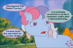 Size: 607x397 | Tagged: safe, derpibooru import, edit, edited screencap, screencap, sweet stuff, twinkle eyed pony, g1, my little pony 'n friends, sweet stuff and the treasure hunt, bow, dialogue, forest, implied wind whistler, mountain, offscreen character, sesquipedalian loquaciousness, speech bubble, tail, tail bow