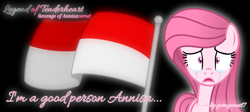 Size: 1422x637 | Tagged: safe, artist:elementbases, artist:guruyunus17, derpibooru import, oc, oc only, oc:annisa trihapsari, earth pony, series:the legend of tenderheart, black background, crying, earth pony oc, female, flag, indonesia, looking at you, mare, medibang paint, open mouth, sad, simple background, solo, wide eyes