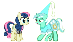 Size: 720x416 | Tagged: safe, artist:darlycatmake, derpibooru import, bon bon, heart pacer, lyra heartstrings, sweetie drops, earth pony, pony, unicorn, clothes, couple, dress, dressup, female, gay couple, happy, hennin, knight, knight rescues the princess, lesbian, lidded eyes, looking at each other, looking at someone, love, mare, medieval, medival, open mouth, princess, princess hat, romance, romantic, shipping, shipping fuel, simple background, smiling, smiling at each other, transparent background, wide eyes