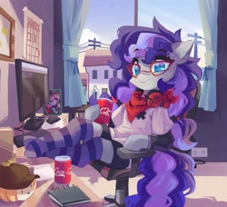 Size: 4096x3732 | Tagged: safe, artist:saxopi, derpibooru import, oc, oc only, oc:cinnabyte, oc:lillybit, earth pony, semi-anthro, bandana, baseball cap, blue eyes, bow, building, cap, clothes, coca-cola, colored pupils, computer, computer chair, computer screen, drink, earth pony oc, eyebrows, eyebrows visible through hair, eyelashes, female, framed picture, glasses, hat, headphones, high res, looking at you, mare, multicolored mane, multicolored tail, office chair, red glasses, shirt, shorts, socks, striped socks, t-shirt, table, tail, telephone pole, window