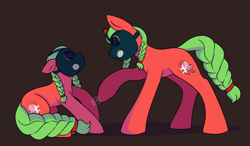 Size: 1280x748 | Tagged: safe, artist:magical-horses, derpibooru import, oc, oc only, oc:sweet release, earth pony, braid, braided pigtails, braided tail, brown background, clone, cowering, cutie mark, doppelganger, gas mask, green mane, hair tie, mask, red coat, simple background, tail, threatening