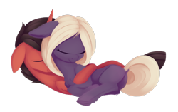 Size: 2892x1812 | Tagged: safe, artist:dusthiel, derpibooru import, oc, oc only, earth pony, pony, unicorn, butt, dock, duo, ears, earth pony oc, eyes closed, female, floppy ears, high res, hooves, horn, lying down, male, mare, on side, plot, simple background, smiling, stallion, tail, transparent background, unicorn oc