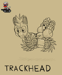 Size: 1280x1536 | Tagged: safe, artist:trackheadtherobopony, derpibooru import, oc, oc:trackhead, pony, robot, robot pony, ashes town, jumping, metal slug, minigun, monochrome, solo, tank pony, text