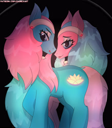 Size: 3665x4202 | Tagged: safe, artist:zadrex, derpibooru import, aloe, lotus blossom, earth pony, pony, alternate hairstyle, blue eyes, choker, cutie mark, dark, duo, glowing, grin, headband, light skin, long hair, long mane, looking at you, makeup, reflection, shiny, simple background, smiling, spa twins, standing