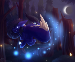 Size: 1600x1333 | Tagged: safe, artist:dedfriend, derpibooru import, oc, oc only, firefly (insect), insect, pegasus, pony, forest, moon, night, solo