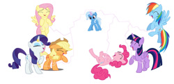 Size: 1280x619 | Tagged: safe, artist:diana173076, derpibooru import, applejack, fluttershy, pinkie pie, rainbow dash, rarity, trixie, twilight sparkle, twilight sparkle (alicorn), alicorn, horn, horn ring, magic suppression, mane six, ring, simple background, tickling, white background