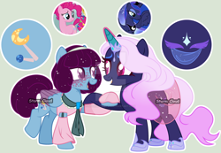 Size: 1024x710 | Tagged: safe, artist:stormcloud-yt, derpibooru import, pinkie pie, princess luna, oc, alicorn, earth pony, pegasus, pony, unicorn, base used, colored wings, ethereal mane, female, holding hooves, magical lesbian spawn, mare, offspring, parent:pinkie pie, parent:princess luna, parents:lunapie, screencap reference, smiling, starry mane, two toned wings, wings