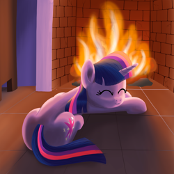 Size: 2000x2000 | Tagged: safe, artist:stellardust, derpibooru import, twilight sparkle, unicorn twilight, pony, unicorn, behaving like a cat, chimney, cute, ear fluff, ears, eyes closed, female, fire, fireplace, lying down, mare, prone, sleeping, solo, twiabetes