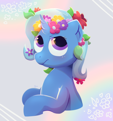 Size: 1024x1100 | Tagged: safe, artist:kukie, derpibooru import, trixie, pony, unicorn, abstract background, blushing, bust, closed mouth, cute, diatrixes, eyelashes, female, floral head wreath, flower, flower in hair, half body, hooves, horn, leaves, leaves in hair, looking up, mare, rainbow, rainbow background, signature, solo, two toned mane