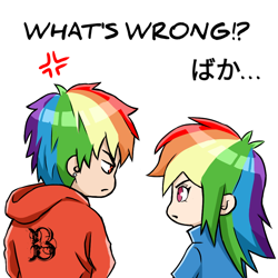 Size: 1000x1000 | Tagged: safe, artist:soarinbolt11, derpibooru import, rainbow blitz, rainbow dash, human, anime style, clothes, cross-popping veins, dialogue, duo, english, eye contact, female, hoodie, humanized, jacket, japanese, looking at each other, looking at someone, male, palindrome get, rule 63, simple background, white background