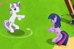 Size: 272x183 | Tagged: safe, derpibooru import, twilight sparkle, twilight velvet, unicorn twilight, unicorn, cute, dancing, duo, duo female, female, game screencap, gameloft, gameloft shenanigans, mother and child, mother and daughter, parent and child, ponyville, standing up, twilight sparkle's cutie mark