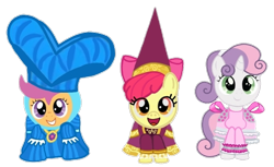 Size: 632x386 | Tagged: safe, artist:darlycatmake, derpibooru import, apple bloom, scootaloo, sweetie belle, earth pony, pegasus, pony, unicorn, for whom the sweetie belle toils, bow, clothes, cutie mark crusaders, dress, dressup, front view, hair bow, happy, hennin, looking at someone, looking at something, looking at you, looking up, medieval, open mouth, princess, princess apple bloom, show accurate, simple background, smiling, smiling at you, transparent background, wide eyes