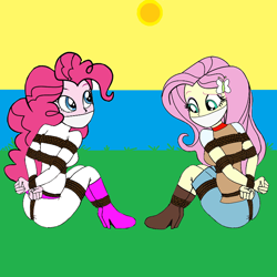 Size: 768x768 | Tagged: safe, artist:atmu, derpibooru import, fluttershy, pinkie pie, equestria girls, arm behind back, bondage, bound and gagged, cloth gag, confused, cowgirl outfit, duo, duo female, female, gag, huh, rope, rope bondage, ropes, tied up