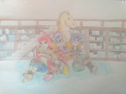 Size: 1032x774 | Tagged: safe, artist:atmu, derpibooru import, apple bloom, scootaloo, sweetie belle, equestria girls, angry, arm behind back, bondage, bookshelf, bound and gagged, cloth gag, confused, cutie mark crusaders, drawing, gag, library, rope, rope bondage, struggling, traditional art