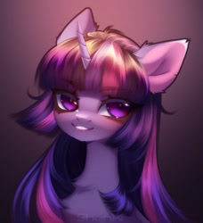 Size: 1164x1279 | Tagged: safe, artist:shenki, derpibooru import, twilight sparkle, pony, unicorn, bust, chest fluff, colored pupils, eyebrows, eyebrows visible through hair, eyelashes, female, gradient background, horn, looking at you, mare, multicolored mane, portrait, purple eyes, signature, smiling, smiling at you, solo
