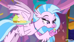 Size: 640x360 | Tagged: safe, derpibooru import, screencap, silverstream, classical hippogriff, hippogriff, season 9, she's all yak, spoiler:s09, animated, aweeg*, cupcake, eating, female, flying, food, gif, gifs.com, plate, solo, spread wings, wings