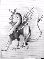 Size: 1536x2048 | Tagged: safe, artist:nocknom, derpibooru import, discord, draconequus, antlers, beard, eyebrows, facial hair, fangs, lined paper, long neck, male, monochrome, realistic, solo, spanish description, tail, traditional art, wings