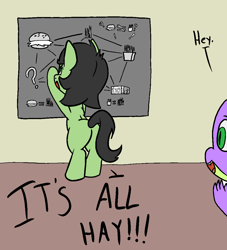 Size: 1000x1100 | Tagged: safe, artist:happy harvey, derpibooru import, spike, oc, oc:anon filly, dragon, earth pony, pony, burger, butt, chalkboard, conspiracy board, conspiracy theory, dialogue, drawn on phone, female, filly, foal, food, french fries, hay, hay bale, hay burger, hay fries, male, plot, yelling
