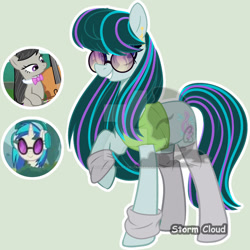 Size: 1024x1026 | Tagged: safe, artist:stormcloud-yt, derpibooru import, dj pon-3, octavia melody, vinyl scratch, oc, earth pony, pony, unicorn, base used, cello, clothes, deviantart watermark, earth pony oc, eyelashes, female, grin, magical lesbian spawn, mare, musical instrument, obtrusive watermark, offspring, parent:octavia melody, parent:vinyl scratch, parents:scratchtavia, raised hoof, raised leg, screencap reference, smiling, sunglasses, watermark