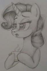 Size: 1132x1722 | Tagged: safe, artist:moonert, derpibooru import, rarity, pony, unicorn, bust, eyelashes, female, grayscale, hoof hold, mare, monochrome, mug, solo, traditional art