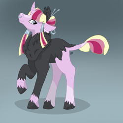 Size: 2000x2000 | Tagged: safe, artist:xaneyraccoon, derpibooru import, oc, oc only, pony, chest fluff, ear piercing, earring, gradient background, jewelry, parent:tirek, parent:twilight sparkle, piercing, raised hoof, raised leg, unshorn fetlocks