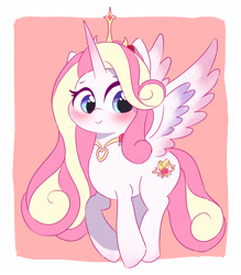 Size: 2734x3116 | Tagged: safe, artist:leo19969525, derpibooru import, oc, oc only, alicorn, pony, blue eyes, crown, cutie mark, female, horn, jewelry, long hair, red face, regalia, smiling, solo, spread wings, wings