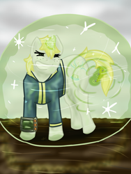 Size: 900x1200 | Tagged: safe, artist:hiddenfaithy, derpibooru import, oc, oc only, oc:misty sparks, pony, unicorn, fallout equestria, bullet, fallout equestria: uncertain ties, force field, magic, old art is old, shield, solo