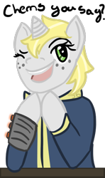 Size: 370x624 | Tagged: safe, artist:hiddenfaithy, derpibooru import, oc, oc only, oc:misty sparks, pony, unicorn, fallout equestria, fallout equestria: uncertain ties, green eyes, horn, old art is old, open mouth, simple background, solo, text, transparent background, yellow hair