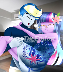 Size: 1400x1600 | Tagged: safe, artist:aryatheeditor, derpibooru import, sci-twi, twilight sparkle, oc, oc:velodash, equestria girls, ^^, bare shoulders, beautiful, bust, canon x oc, clothes, couple, cute, digital art, dress, element of magic, eyes closed, female, geode of telekinesis, glasses, gloves, happy, headcanon, heart, hotel, hotel room, love, magical geodes, male, outfit, powerful sparkle, purple hair, shipping, sleeveless, sleeveless dress, sleeveless turtleneck, smiling, straight, twiabetes