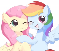 Size: 1884x1654 | Tagged: safe, artist:ginmaruxx, derpibooru import, fluttershy, rainbow dash, pegasus, pony, blushing, bust, cute, dashabetes, duo, duo female, female, flutterdash, folded wings, hug, lesbian, looking at you, mare, one eye closed, open mouth, open smile, shipping, shyabetes, simple background, smiling, smiling at you, spread wings, white background, wings