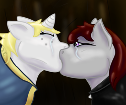 Size: 900x750 | Tagged: safe, artist:hiddenfaithy, derpibooru import, oc, oc only, oc:misty sparks, oc:skyfire, pegasus, pony, unicorn, fallout equestria, angst, crying, duo, fallout equestria: uncertain ties, kissing, old art is old