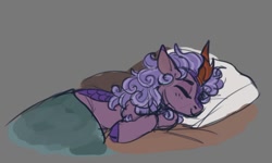 Size: 946x567 | Tagged: safe, artist:purple_blep, derpibooru import, oc, oc only, kirin, pony, bed, drawthread, female, kirin oc, mare, sleeping, solo